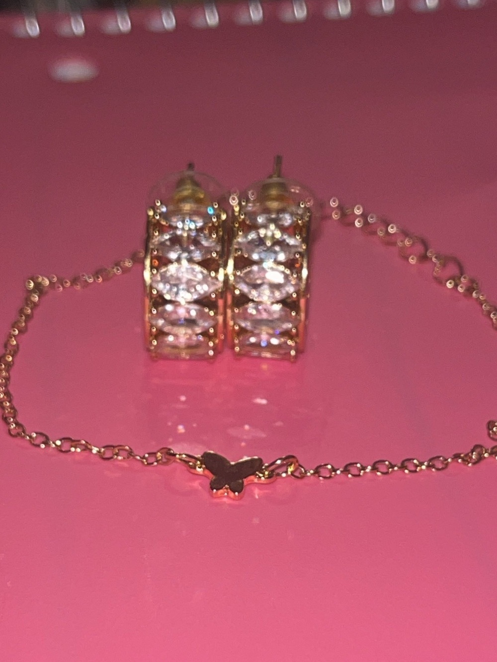 Gold Butterfly Chain Annlet With Crystal Hoop Earrings View 2